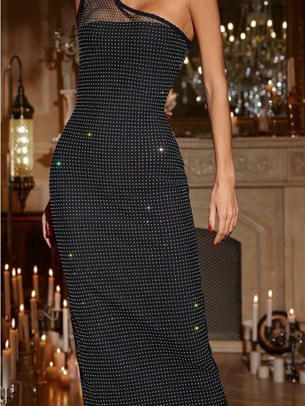 One-Shoulder Black Rhinestone Bodycon Dress